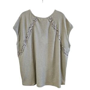 Umgee Waffle Knit Top Lace Detail Short Sleeve Casual Blouse Size S